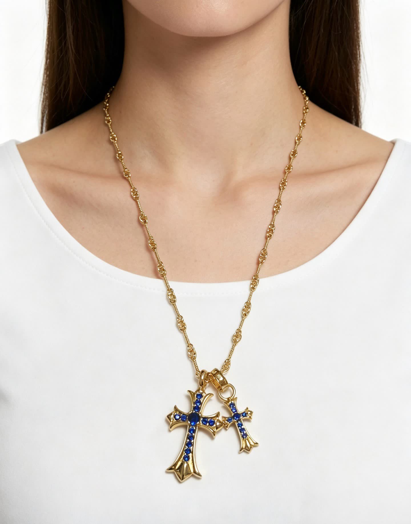 Chrome Hearts Gold Cross Pendant Necklace with Blue Stones